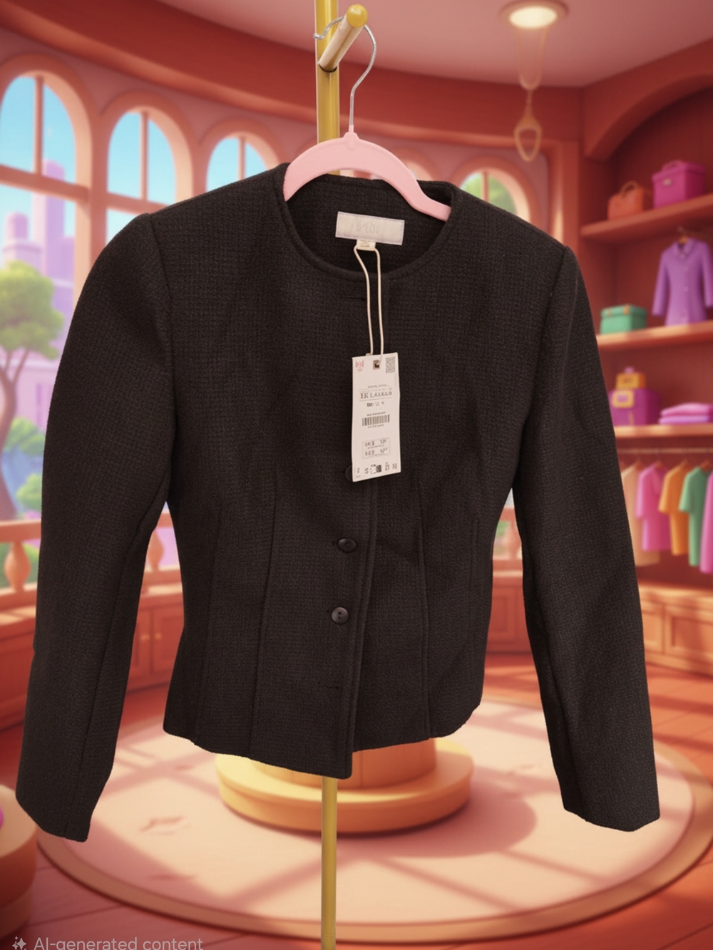 Zara Black Textured Blazer - Tailored Round Neck